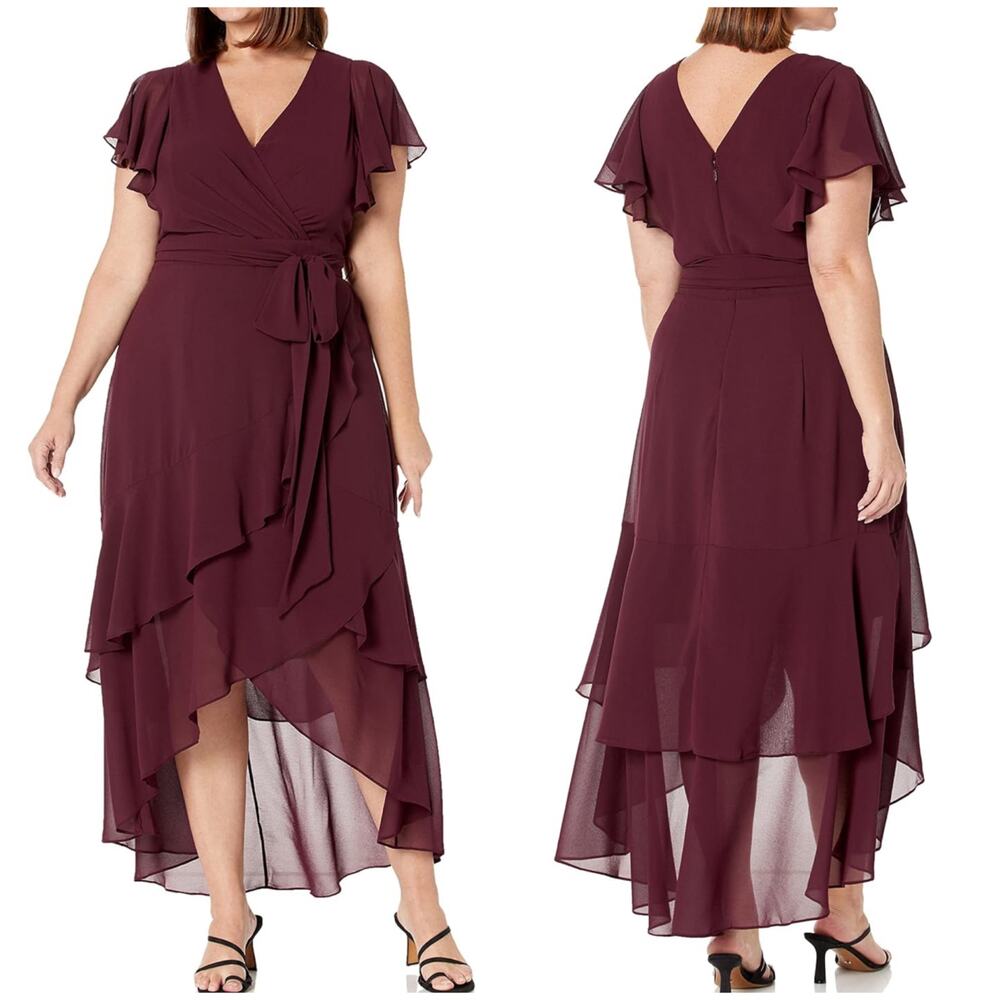 City Chic NWT Flirty Tier Maxi Dress Chiffon Size L 20 Faux Wrap Plum Maroon